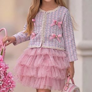 Girl tweed pearls embellished blazer and tulle skirt set